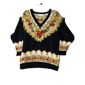 Jennifer Reed Hand-Knitted Floral V-Neck Sweater M Heavy Cotton/Ramie Boho